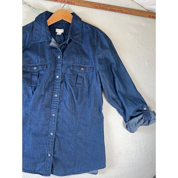 SHIRT 469 Women Size 14 Blue Denim Shirt Button Down Convert Roll Tab 3/4 or L/S - Picture 2 of 12